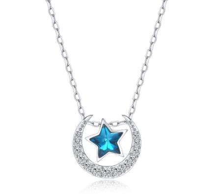 Kalung Berlian Bintang Runcing Lima Baru 925 Sterling Silver Kalung Zirkon Biru Wanita