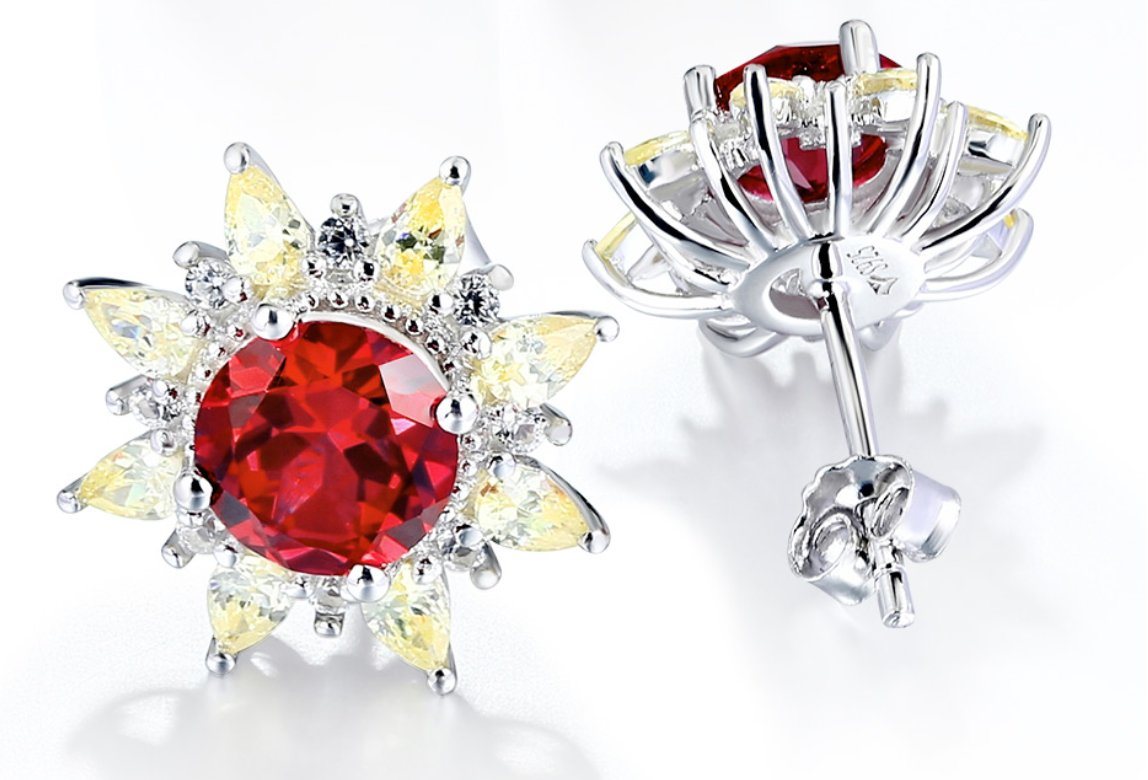 Anting-anting Stud Perak Ruby Sterling untuk Wanita Perhiasan Halus Gaya Romantik Zirkon Kuning Ruby