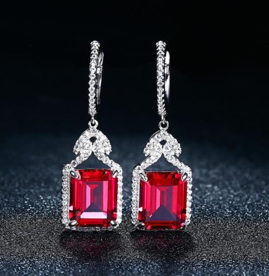 Red Ruby Anting Perak Sterling Sebenar Wanita Gaya Menawan Dicipta Hadiah Perhiasan Perkahwinan Potongan Ruby Octagon