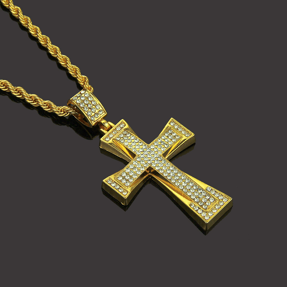 Kalung Hip Hop Warna Emas Ais Keluar Cross CZ Lelaki Loket Tatah 14K-18K