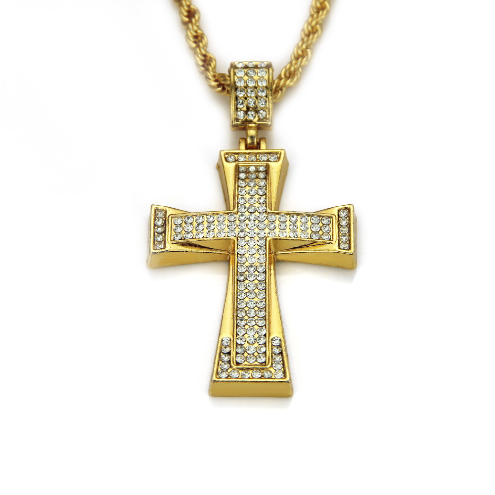 Kalung Hip Hop Warna Emas Ais Keluar Cross CZ Lelaki Loket Tatah 14K-18K