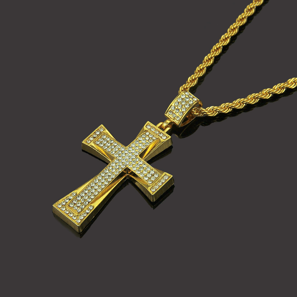 Kalung Hip Hop Warna Emas Ais Keluar Cross CZ Lelaki Loket Tatah 14K-18K