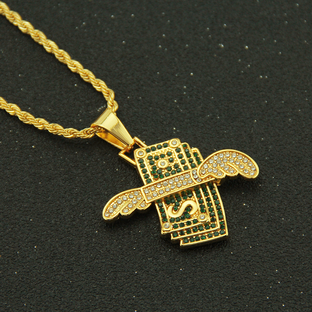 Hip Hop Angel Wings Kalung Dolar Bertatah Loket Kristal