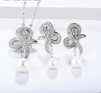 Wanita Fesyen Korea 925 Loket Mutiara Perak Anting-anting Mutiara Air Tawar Set Barang Kemas Indah