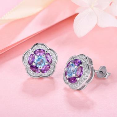 Anting-anting Fesyen Saduran Perak 925 Sterling Ungu Bunga Moissanite