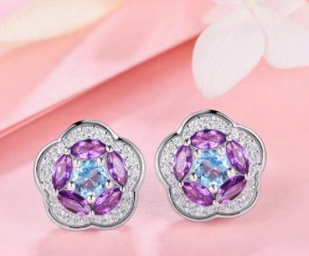 Anting-anting Fesyen Saduran Perak 925 Sterling Ungu Bunga Moissanite