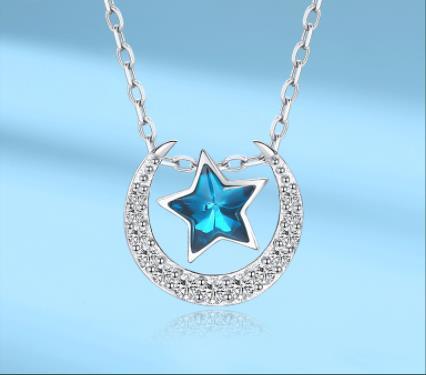 Kalung Berlian Bintang Runcing Lima Baru 925 Sterling Silver Kalung Zirkon Biru Wanita