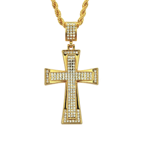 Kalung Hip Hop Warna Emas Ais Keluar Cross CZ Lelaki Loket Tatah 14K-18K